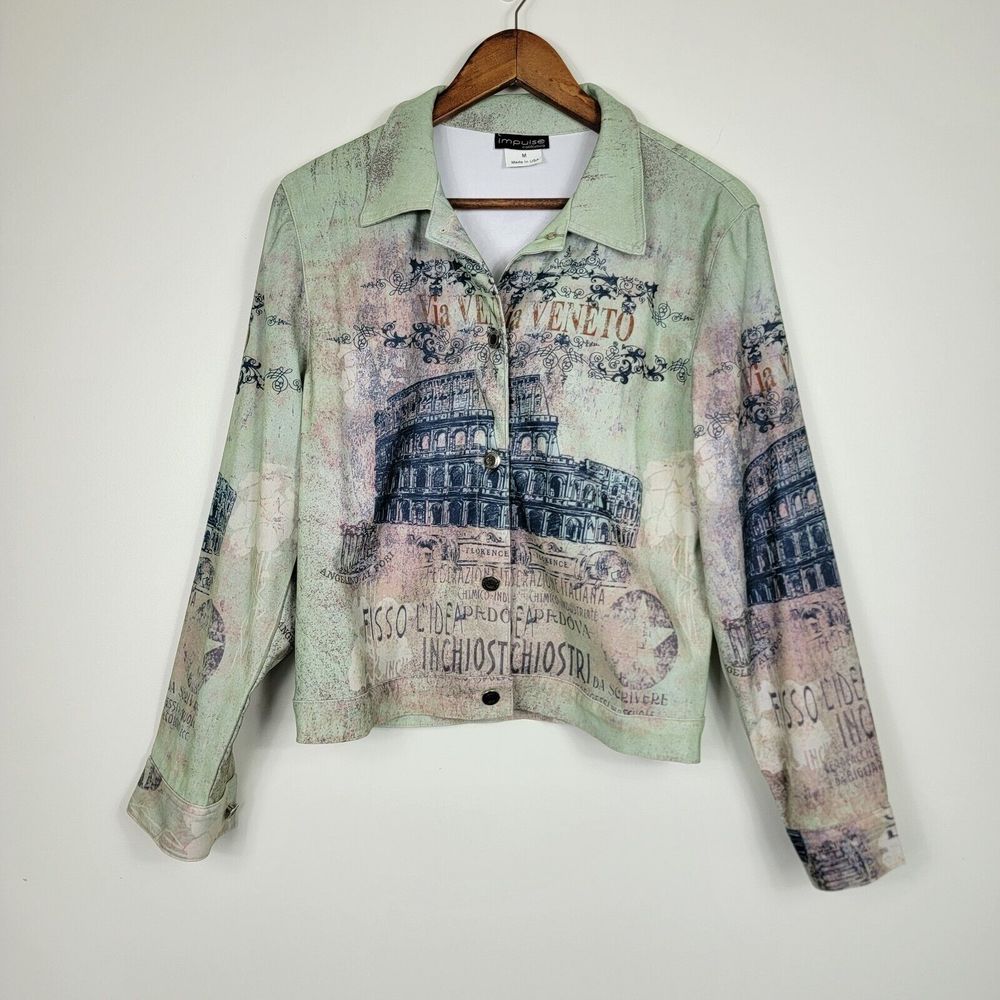Impulse California Button Jacket Rome Colosseum Green Long Sleeve Size Medium‎